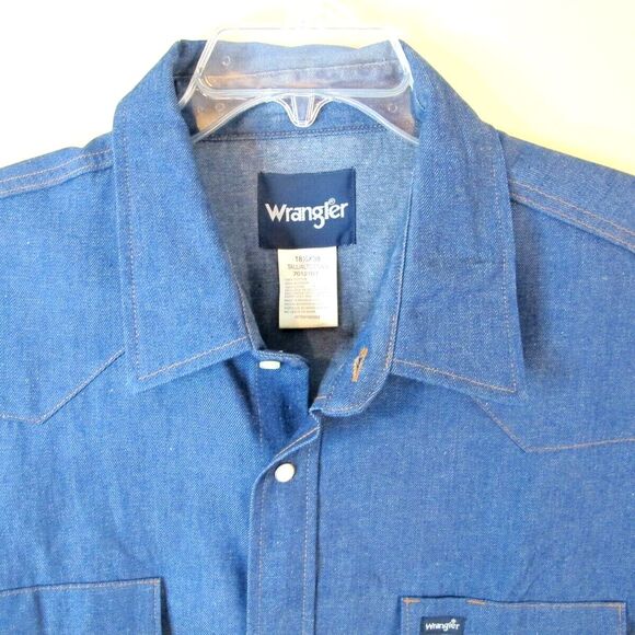 Wrangler Men's Cowboy Cut Firm Finish Western Pearl Snap Shirt Blue 18.5x38 Tall - Picture 2 of 6